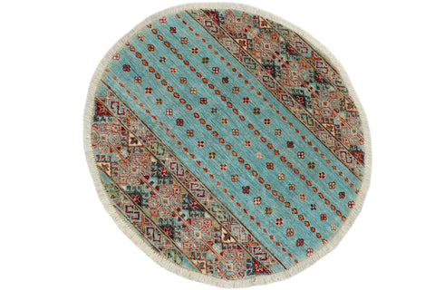 handmade Geometric Kurjean Blue Gold Hand Knotted ROUND 100% WOOL area rug 3x3