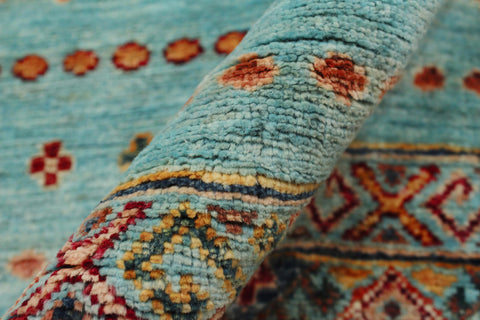 handmade Geometric Kurjean Blue Gold Hand Knotted ROUND 100% WOOL area rug 3x3