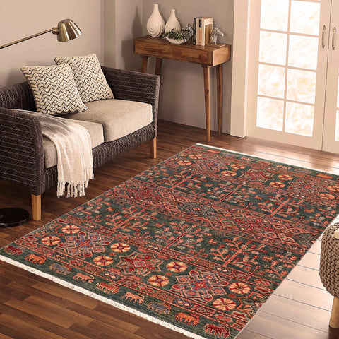 handmade Geometric Kurjean Green Orange Hand Knotted RECTANGLE 100% WOOL area rug 4x6