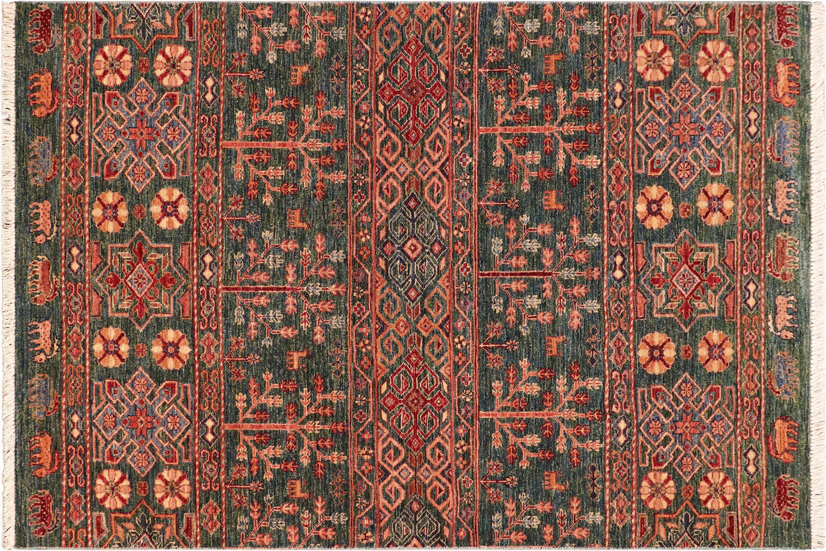 handmade Geometric Kurjean Green Orange Hand Knotted RECTANGLE 100% WOOL area rug 4x6
