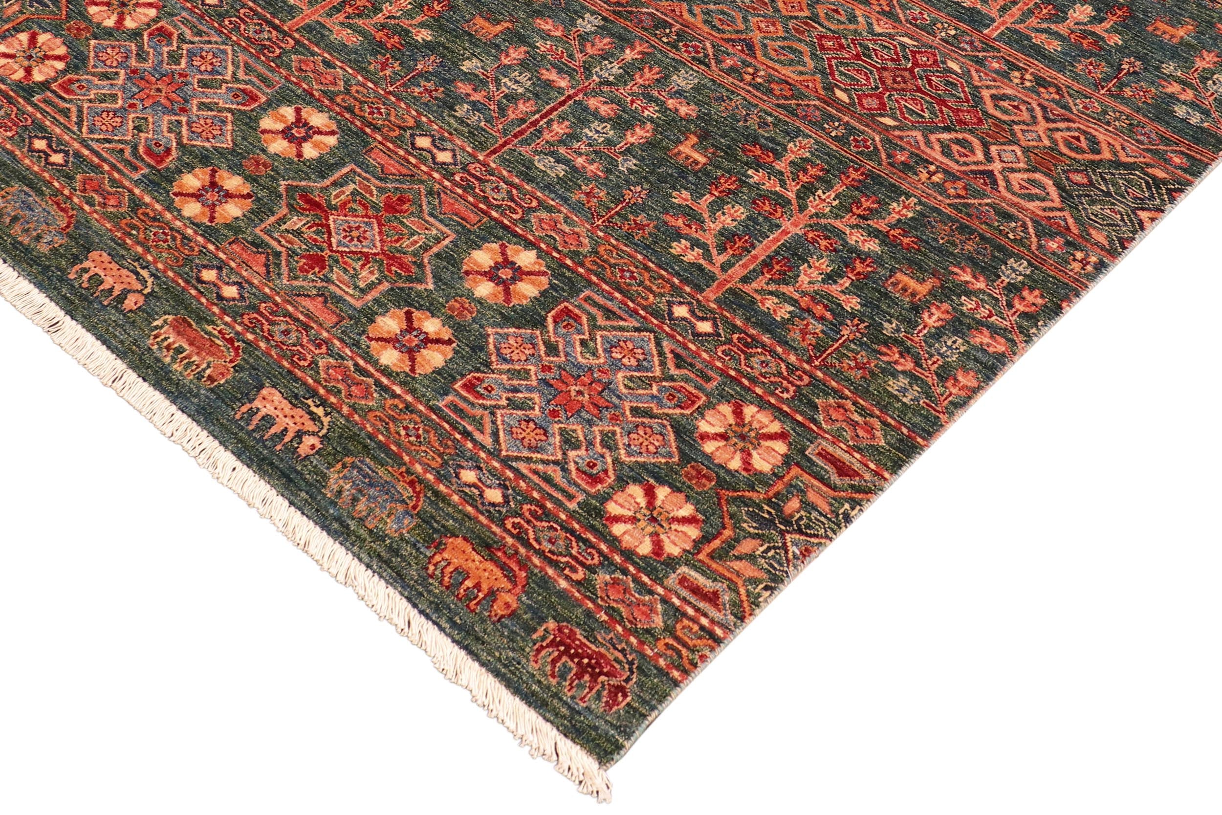 handmade Geometric Kurjean Green Orange Hand Knotted RECTANGLE 100% WOOL area rug 4x6