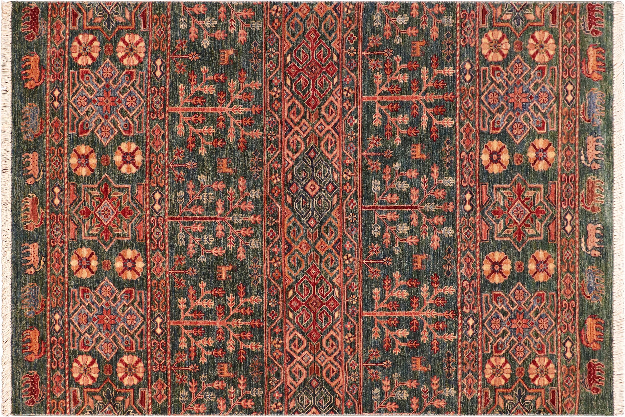 handmade Geometric Kurjean Green Orange Hand Knotted RECTANGLE 100% WOOL area rug 4x6