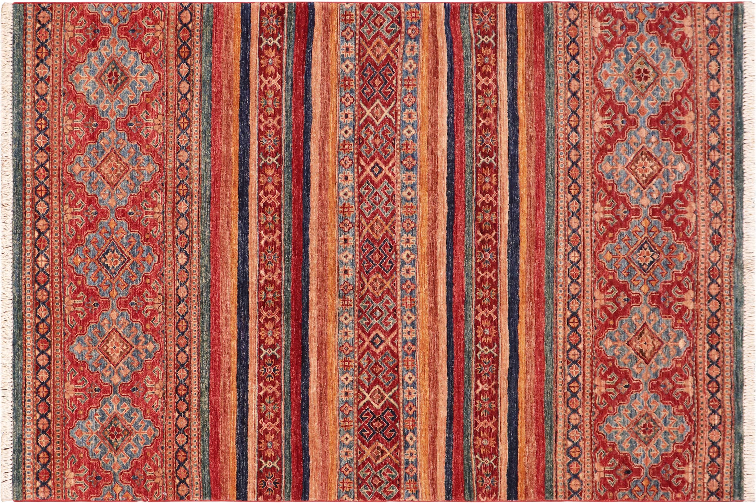 handmade Geometric Kurjean Red Blue Hand Knotted RECTANGLE 100% WOOL area rug 4x6