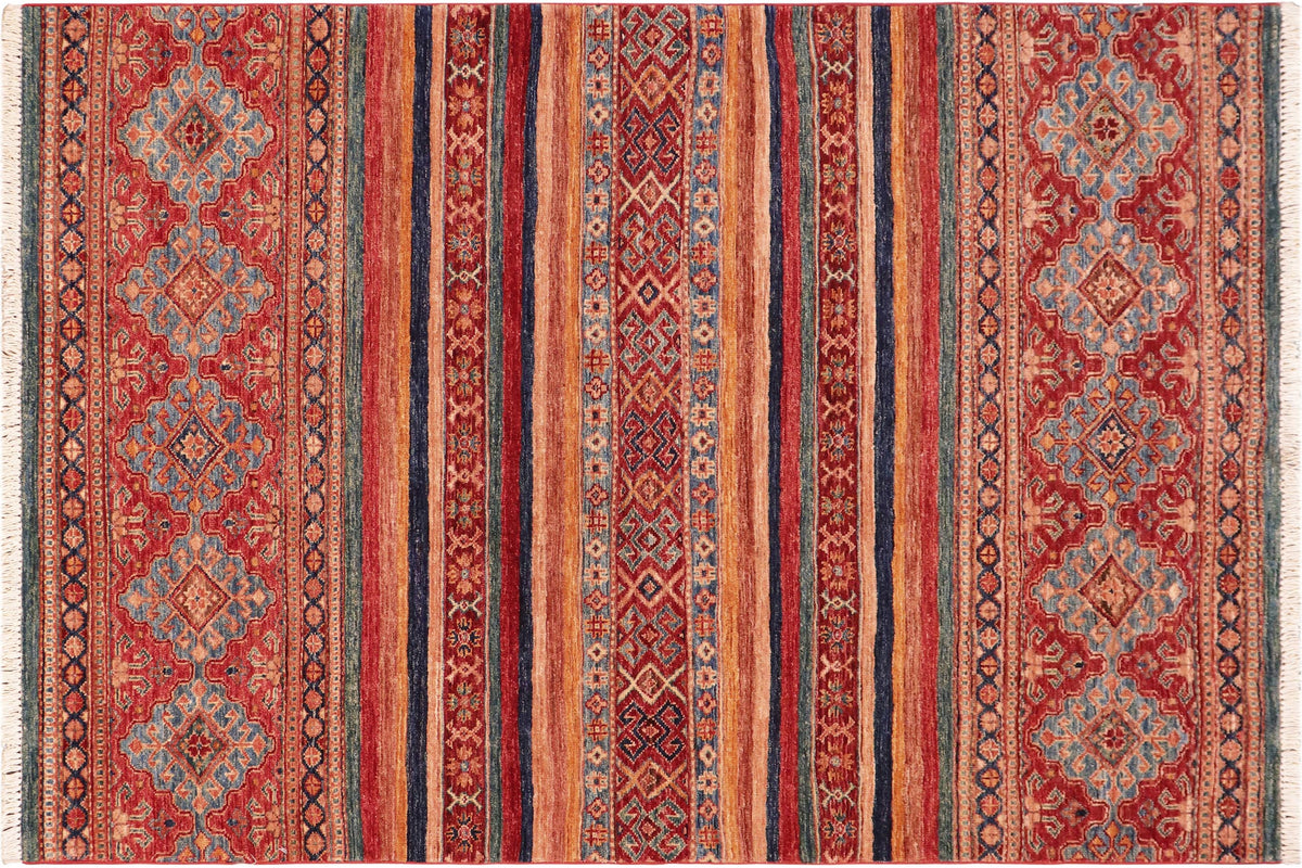 handmade Geometric Kurjean Red Blue Hand Knotted RECTANGLE 100% WOOL area rug 4x6