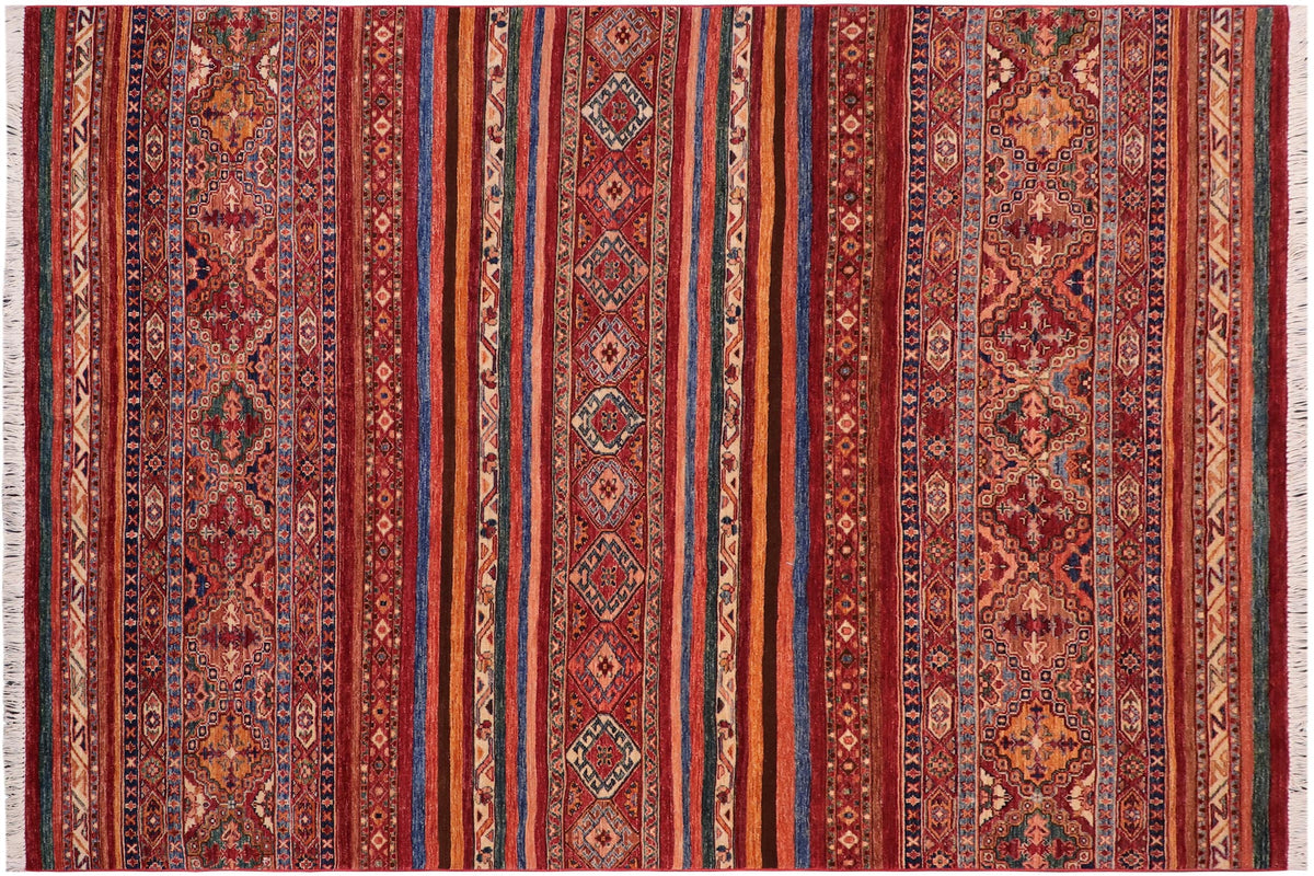 handmade Geometric Kurjean Red Blue Hand Knotted RECTANGLE 100% WOOL area rug 6x8
