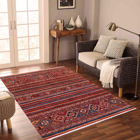 handmade Geometric Kurjean Red Blue Hand Knotted RECTANGLE 100% WOOL area rug 5x6