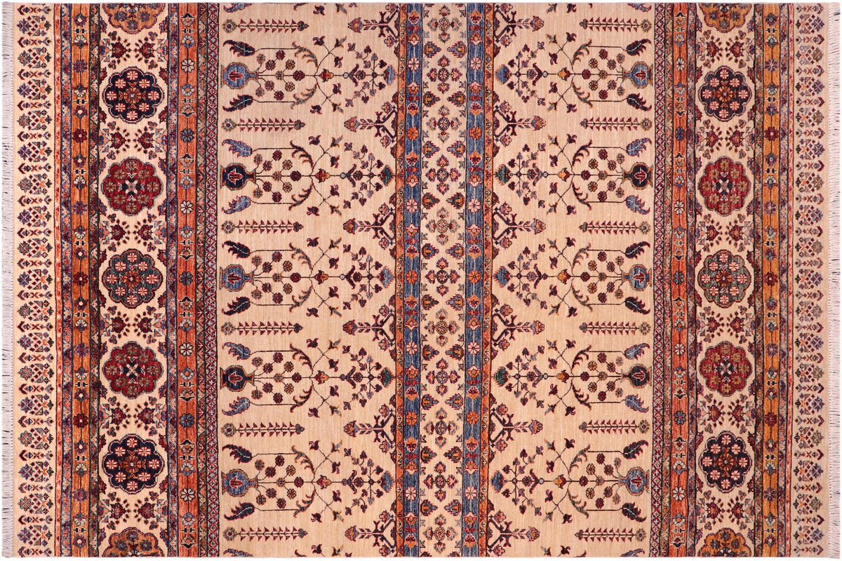 handmade Geometric Kurjean Beige Blue Hand Knotted RECTANGLE 100% WOOL area rug 6x7