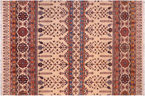 handmade Geometric Kurjean Beige Blue Hand Knotted RECTANGLE 100% WOOL area rug 6x7