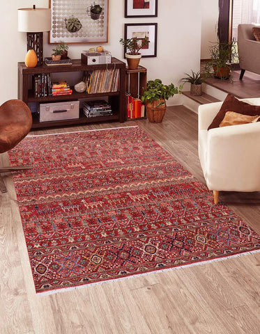 handmade Geometric Kurjean Red Beige Hand Knotted RECTANGLE 100% WOOL area rug 5x7