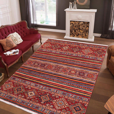 handmade Geometric Kurjean Red Blue Hand Knotted RECTANGLE 100% WOOL area rug 5x7
