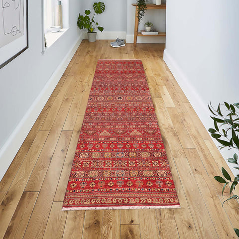 handmade Geometric Kurjean Red Green Hand Knotted RUNNER 100% WOOL area rug 3x9