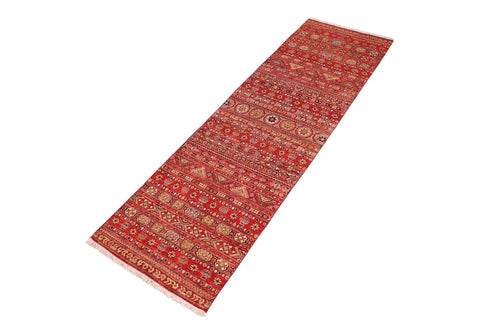 handmade Geometric Kurjean Red Green Hand Knotted RUNNER 100% WOOL area rug 3x9