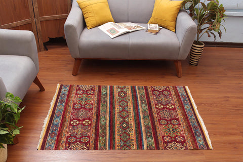 handmade Geometric Kurjean Red Blue Hand Knotted RECTANGLE 100% WOOL area rug 3x5
