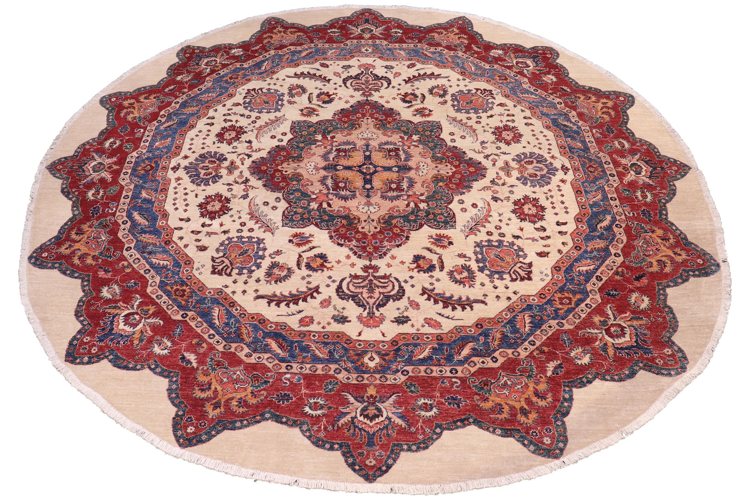 handmade Geometric Kurjean Beige Red Hand Knotted ROUND 100% WOOL area rug 10x10