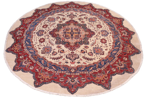 handmade Geometric Kurjean Beige Red Hand Knotted ROUND 100% WOOL area rug 10x10