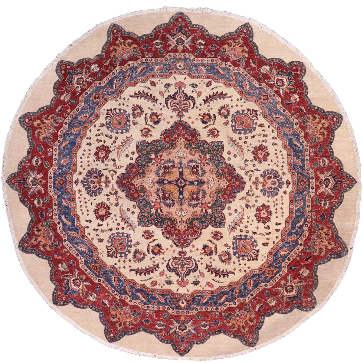 handmade Geometric Kurjean Beige Red Hand Knotted ROUND 100% WOOL area rug 10x10