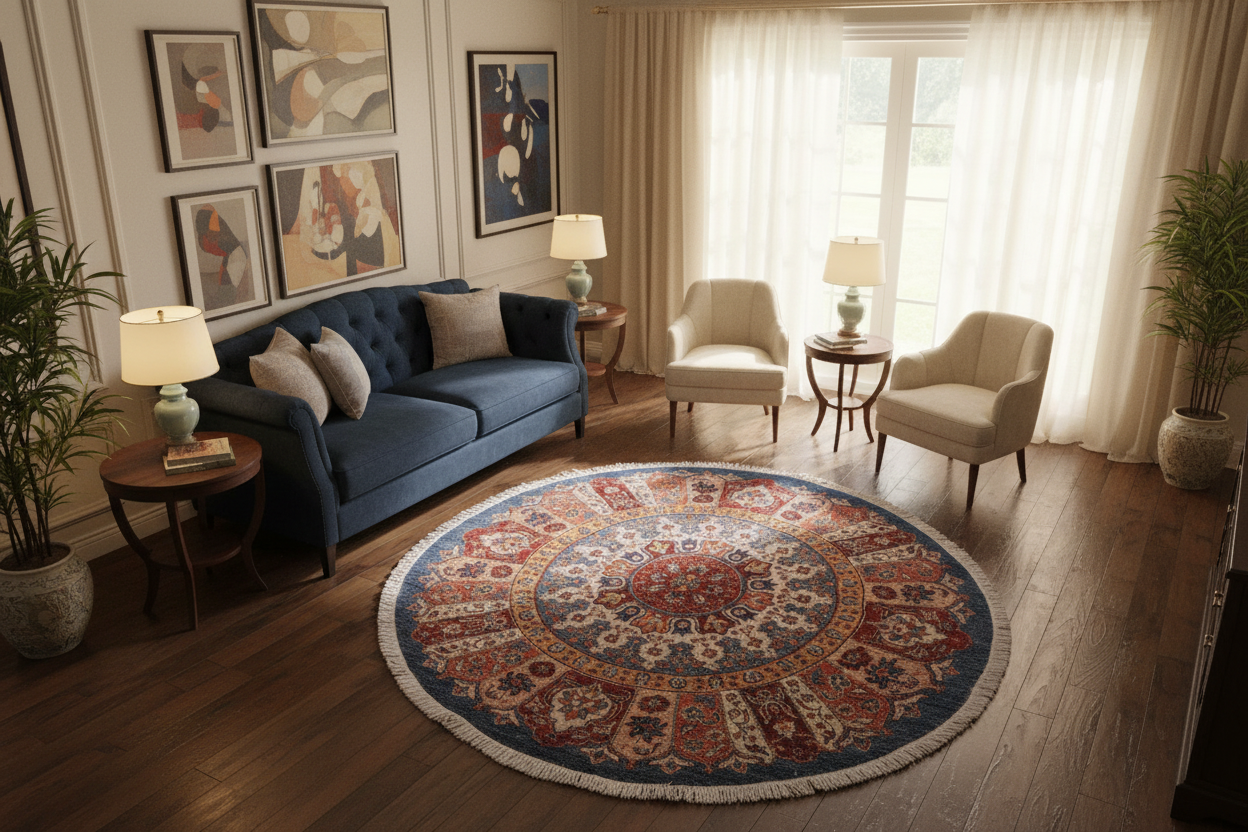 handmade Geometric Kurjean Blue Red Hand Knotted ROUND 100% WOOL area rug 5x5