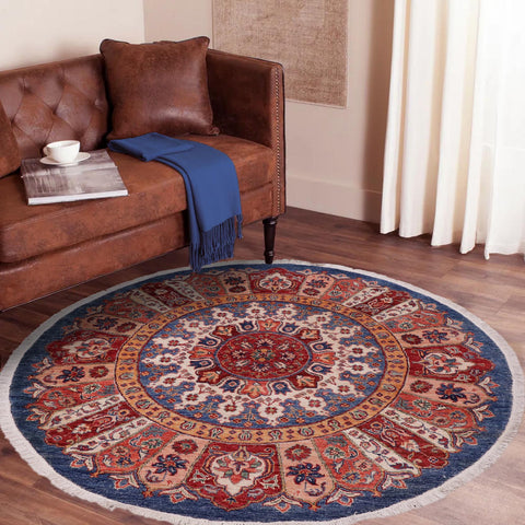 handmade Geometric Kurjean Blue Red Hand Knotted ROUND 100% WOOL area rug 5x5