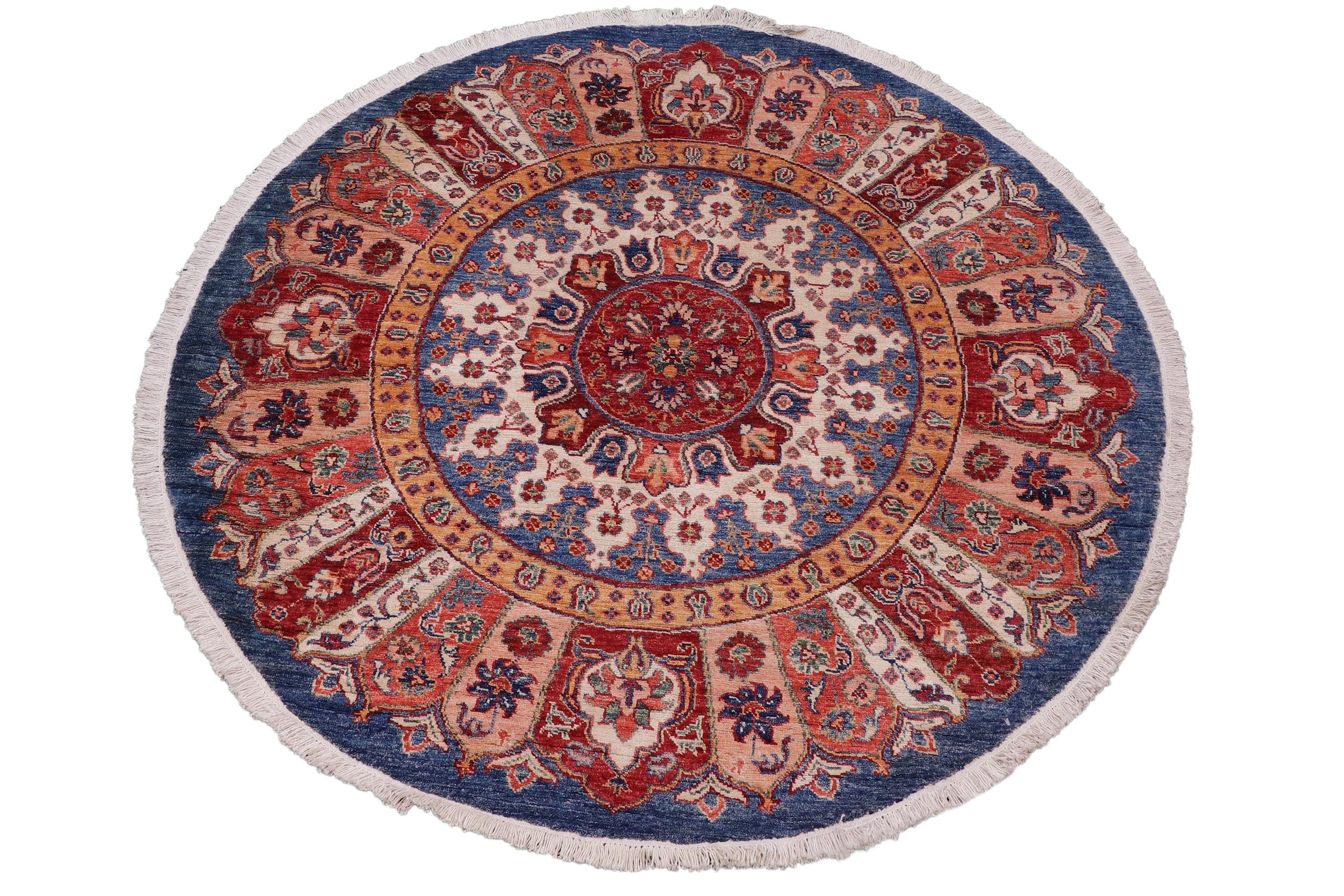 handmade Geometric Kurjean Blue Red Hand Knotted ROUND 100% WOOL area rug 5x5