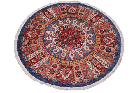 handmade Geometric Kurjean Blue Red Hand Knotted ROUND 100% WOOL area rug 5x5