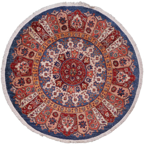 handmade Geometric Kurjean Blue Red Hand Knotted ROUND 100% WOOL area rug 5x5