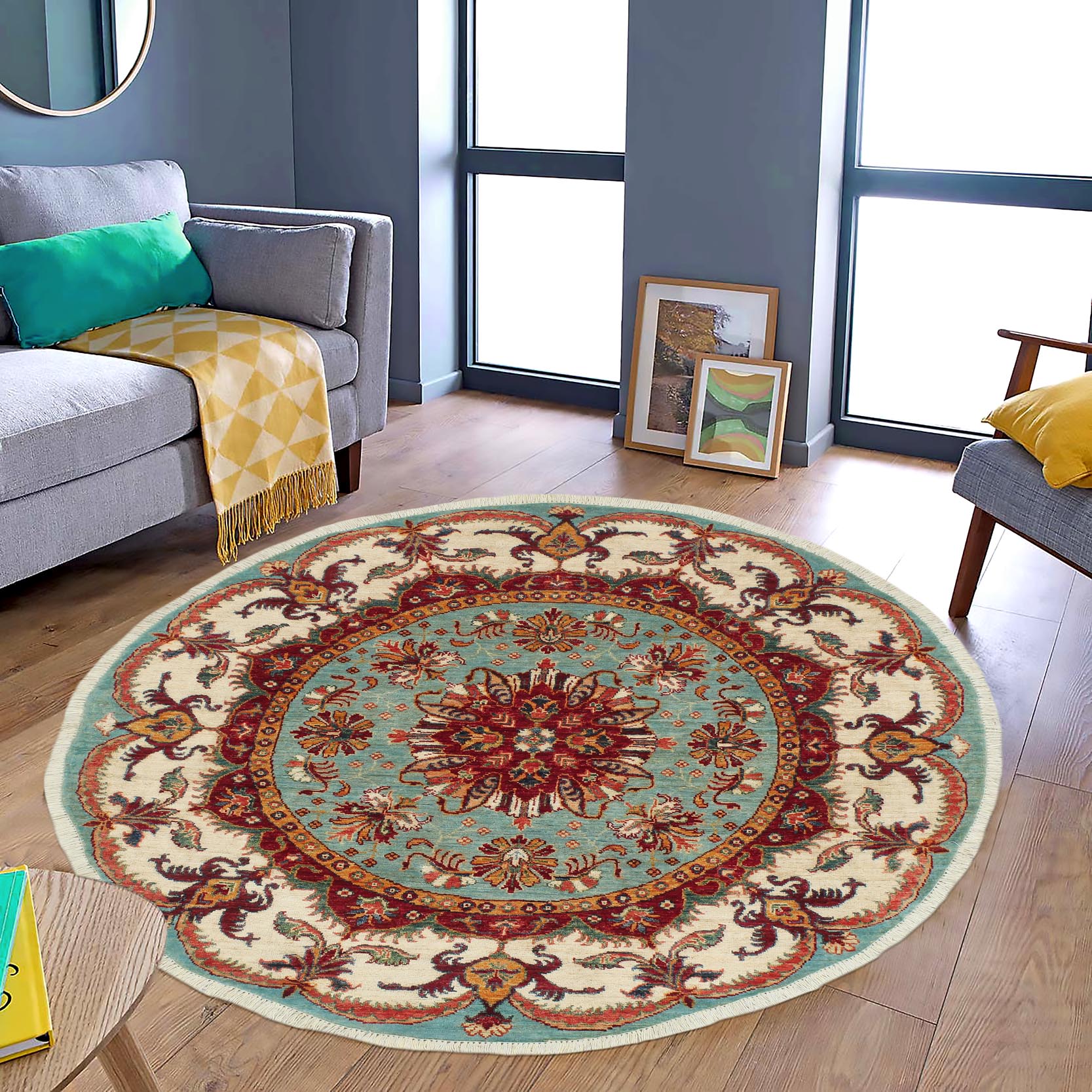 handmade Geometric Kurjean Blue Beige Hand Knotted ROUND 100% WOOL area rug 5x5