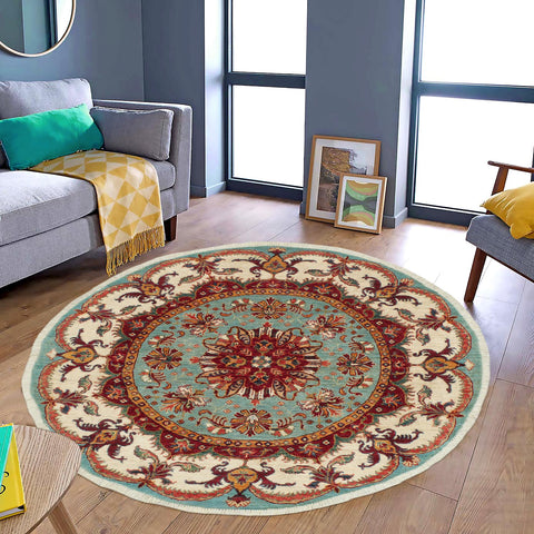 handmade Geometric Kurjean Blue Beige Hand Knotted ROUND 100% WOOL area rug 5x5