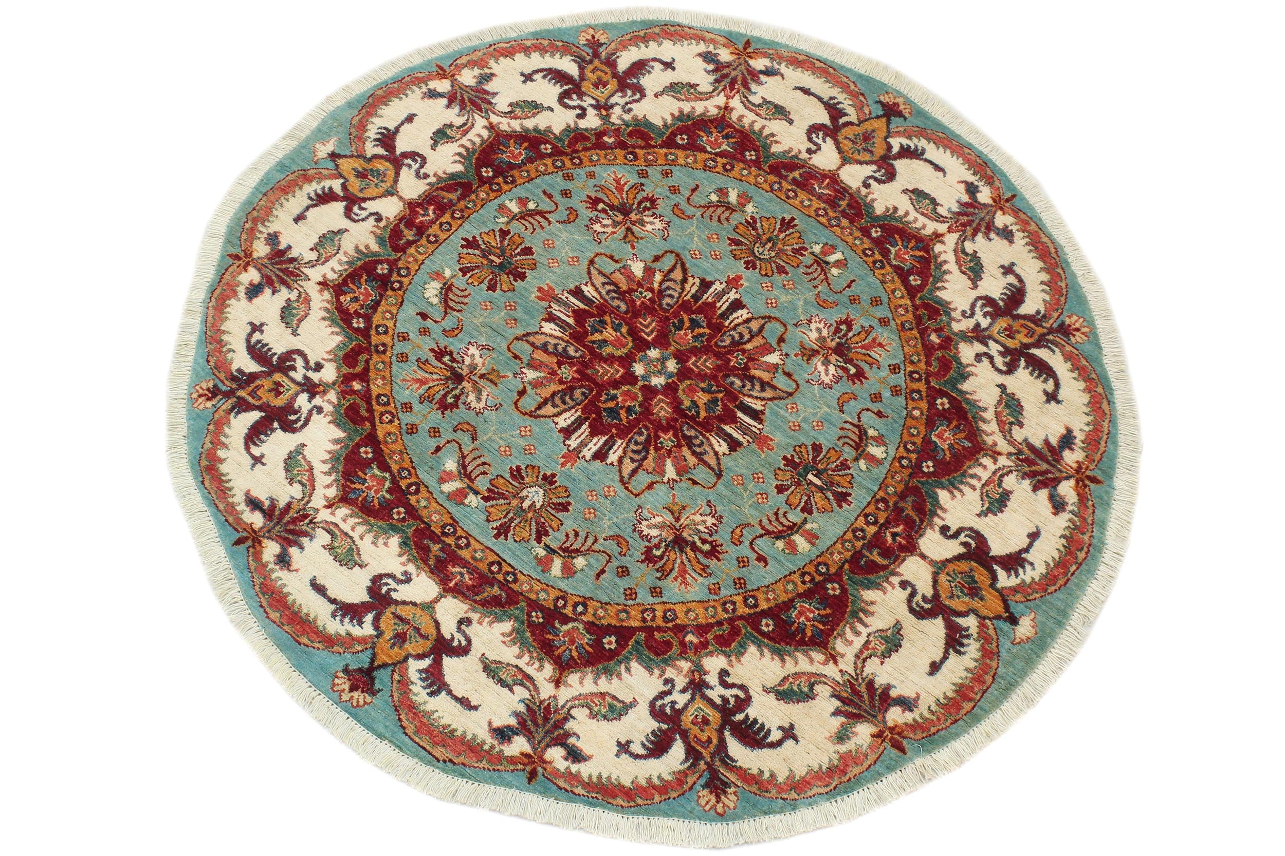 handmade Geometric Kurjean Blue Beige Hand Knotted ROUND 100% WOOL area rug 5x5