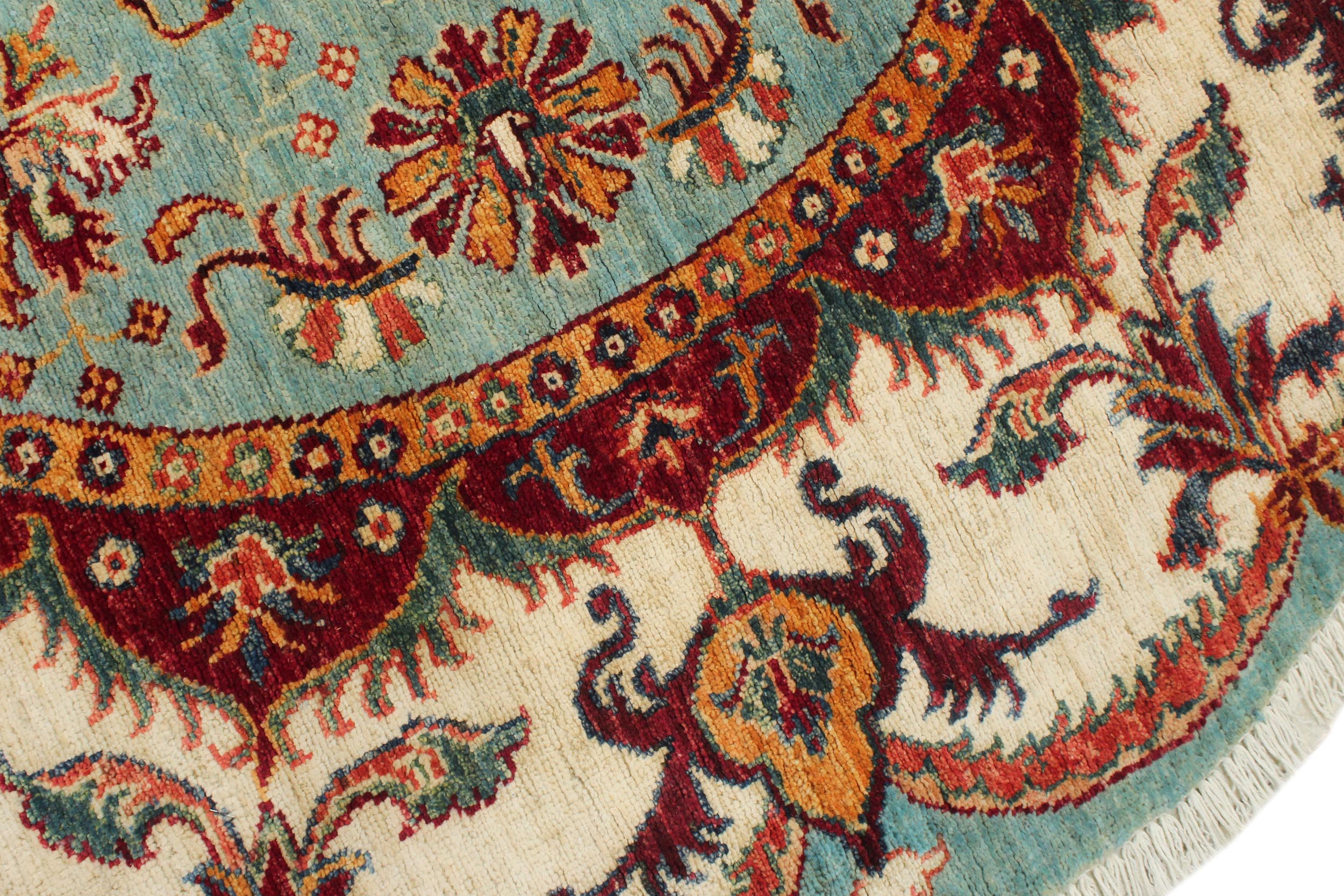 handmade Geometric Kurjean Blue Beige Hand Knotted ROUND 100% WOOL area rug 5x5