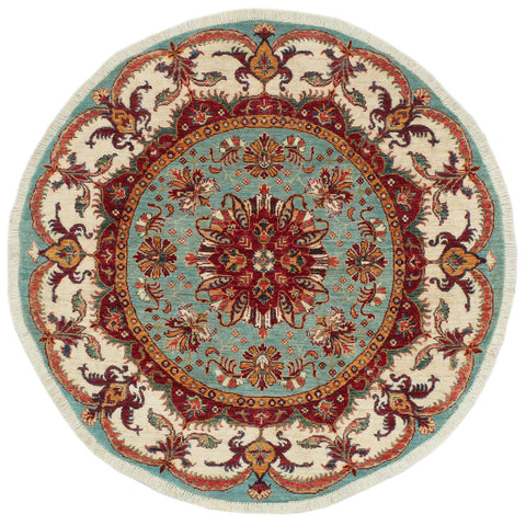 handmade Geometric Kurjean Blue Beige Hand Knotted ROUND 100% WOOL area rug 5x5