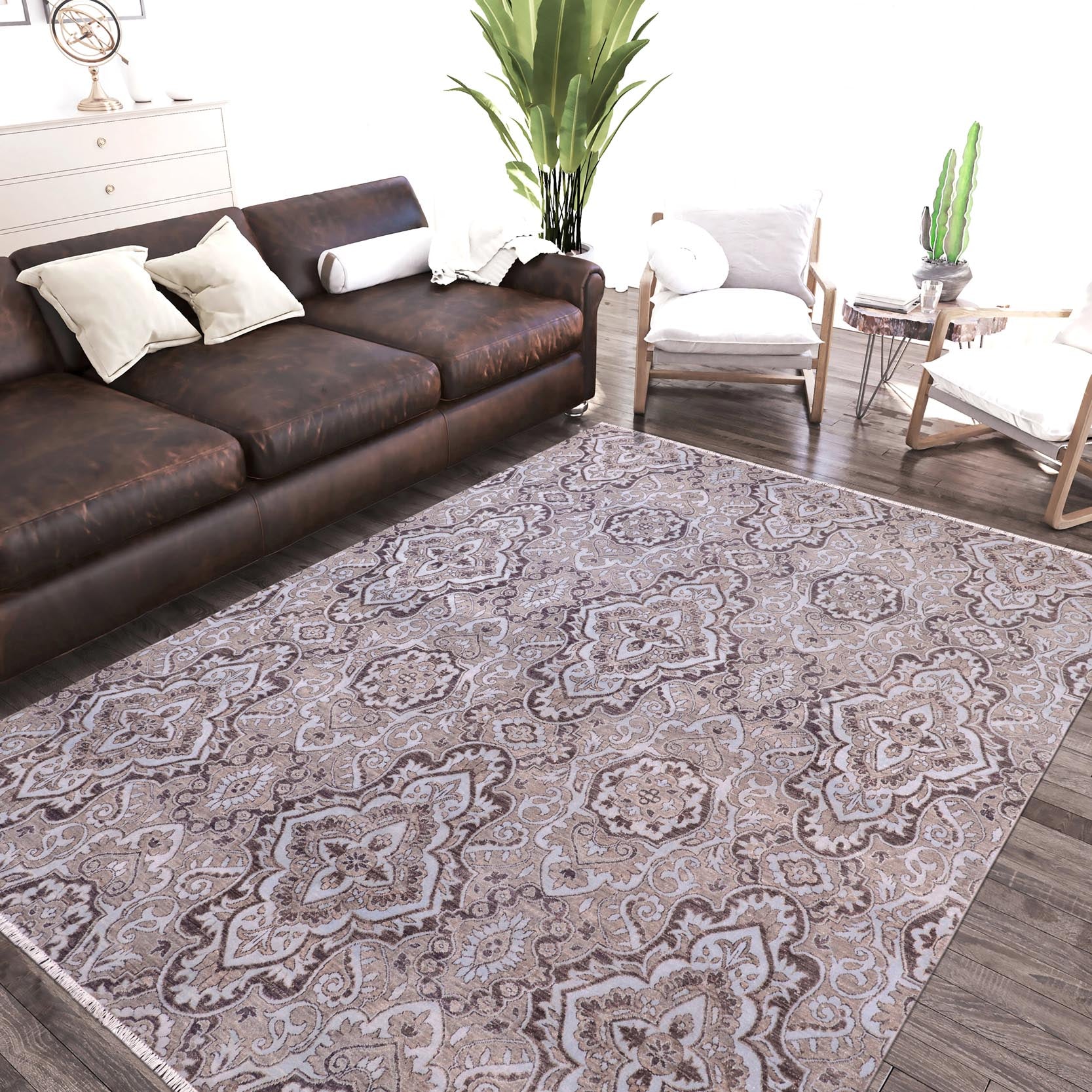 handmade Modern Kafkaz Gray Lt. Blue Hand Knotted RECTANGLE WOOL&SILK area rug 8' x 10'