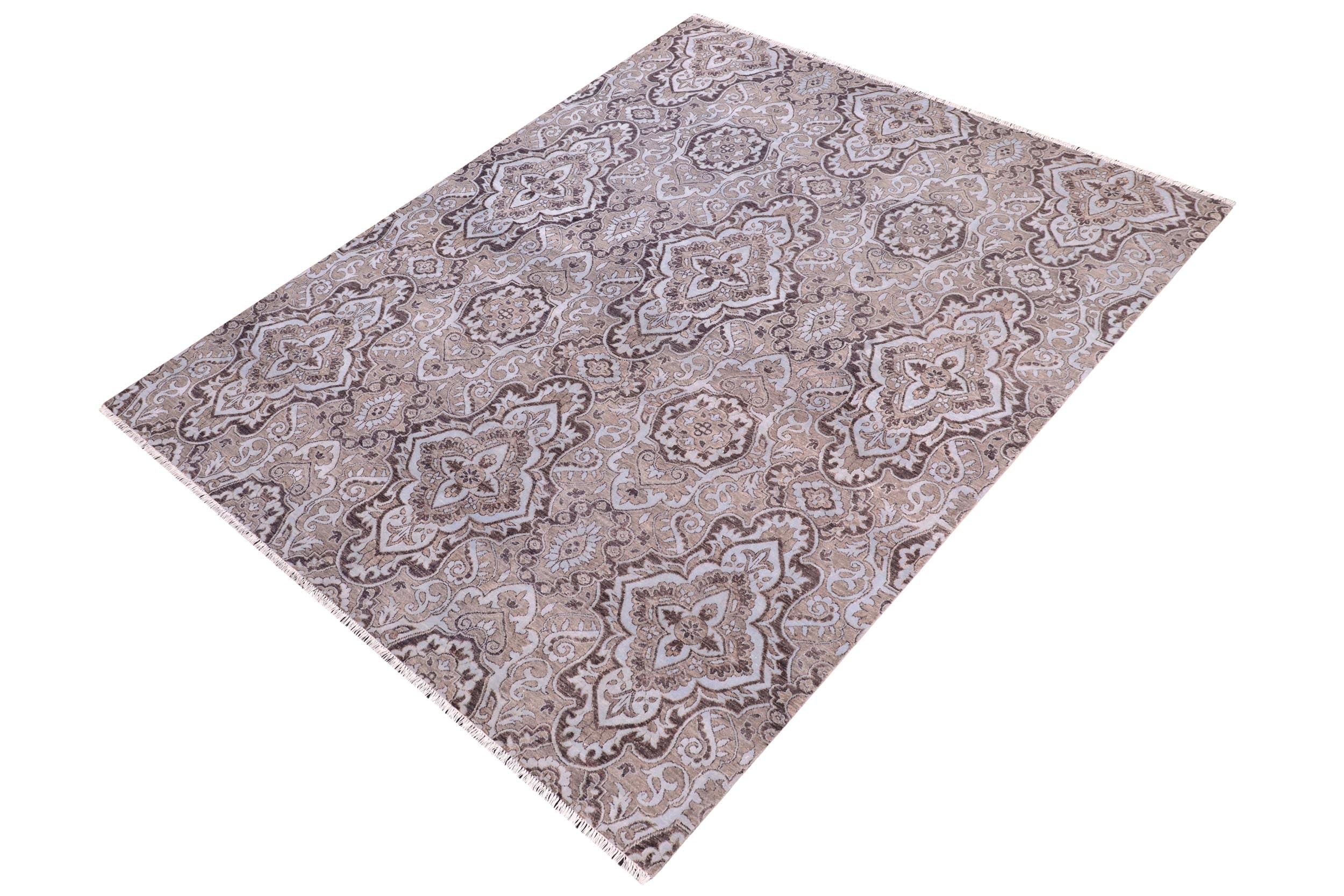 handmade Modern Kafkaz Gray Lt. Blue Hand Knotted RECTANGLE WOOL&SILK area rug 8' x 10'