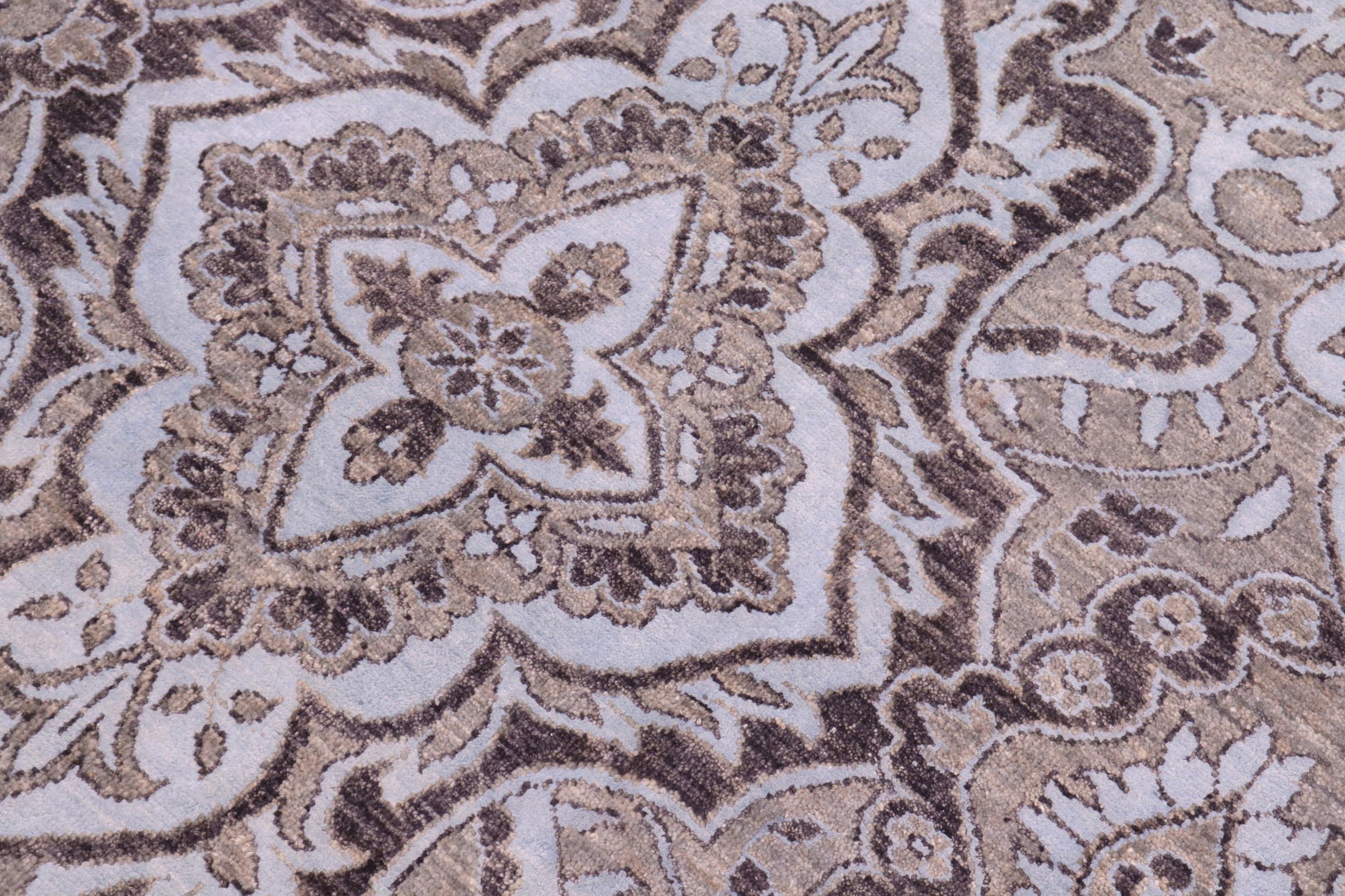 handmade Modern Kafkaz Gray Lt. Blue Hand Knotted RECTANGLE WOOL&SILK area rug 8' x 10'