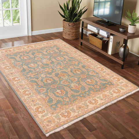 handmade Transitional Kafkaz Green Beige Hand Knotted RECTANGLE 100% WOOL area rug 5' x 7'