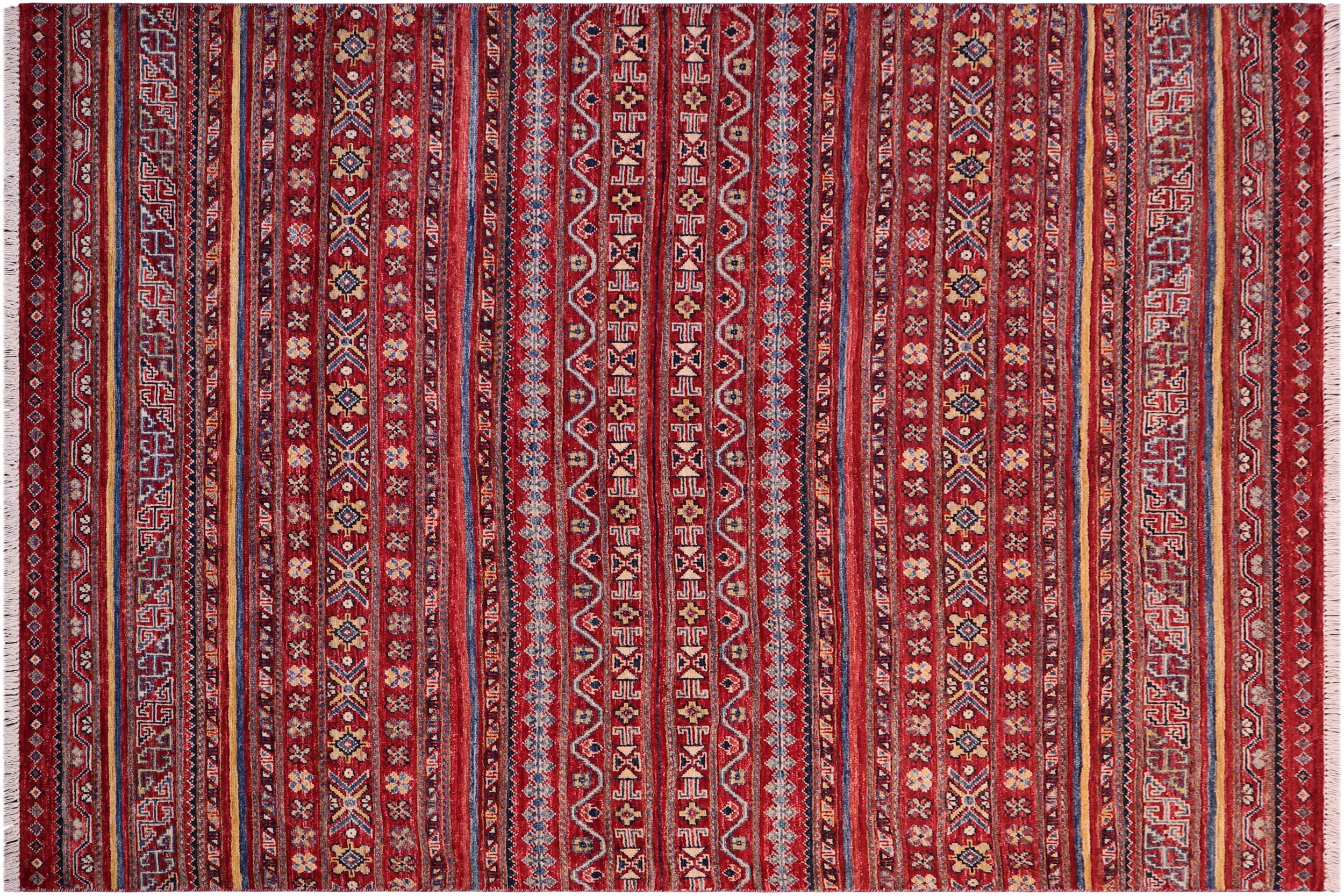 handmade Geometric Kurjean Red Gold Hand Knotted RECTANGLE 100% WOOL area rug 5x6