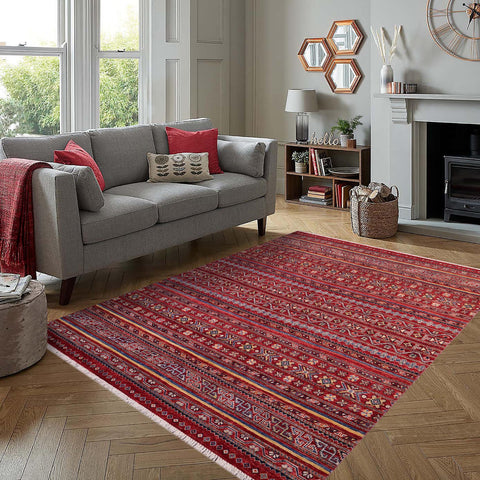 handmade Geometric Kurjean Red Gold Hand Knotted RECTANGLE 100% WOOL area rug 5x6