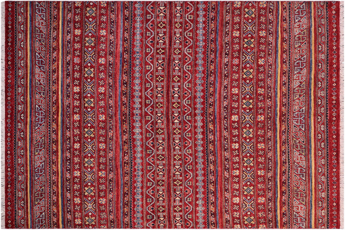 handmade Geometric Kurjean Red Gold Hand Knotted RECTANGLE 100% WOOL area rug 5x6
