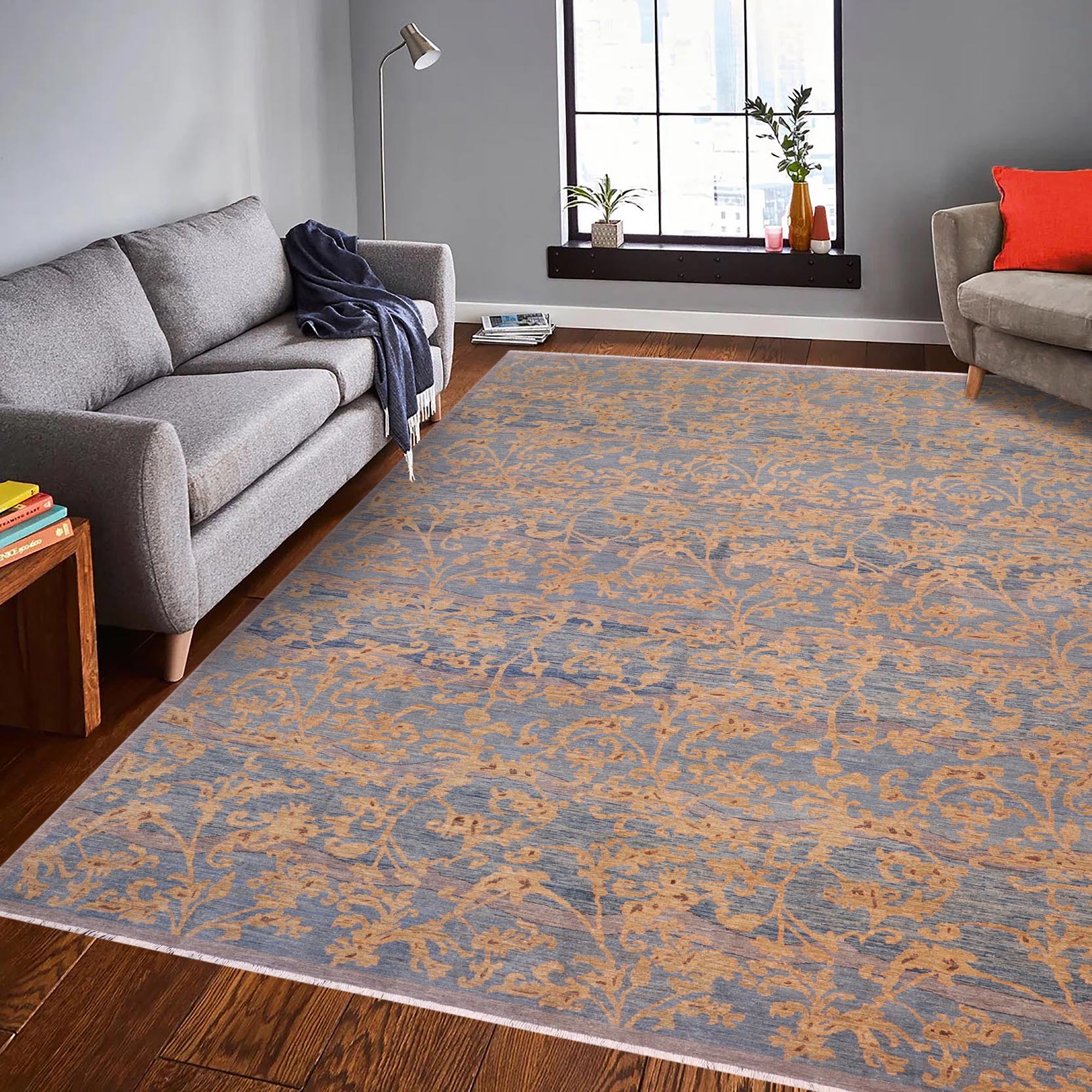 handmade Modern Kafkaz Lt. Blue Lt. Gold Hand Knotted RECTANGLE 100% WOOL area rug 10' x 14'