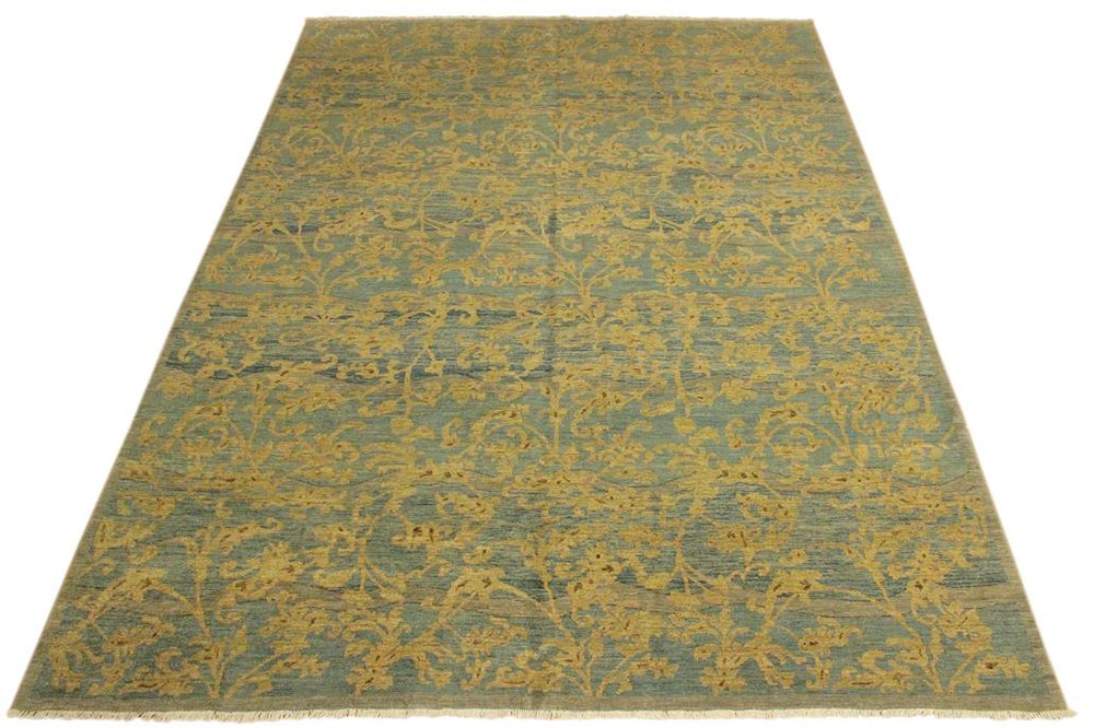 handmade Modern Kafkaz Lt. Blue Lt. Gold Hand Knotted RECTANGLE 100% WOOL area rug 10X14