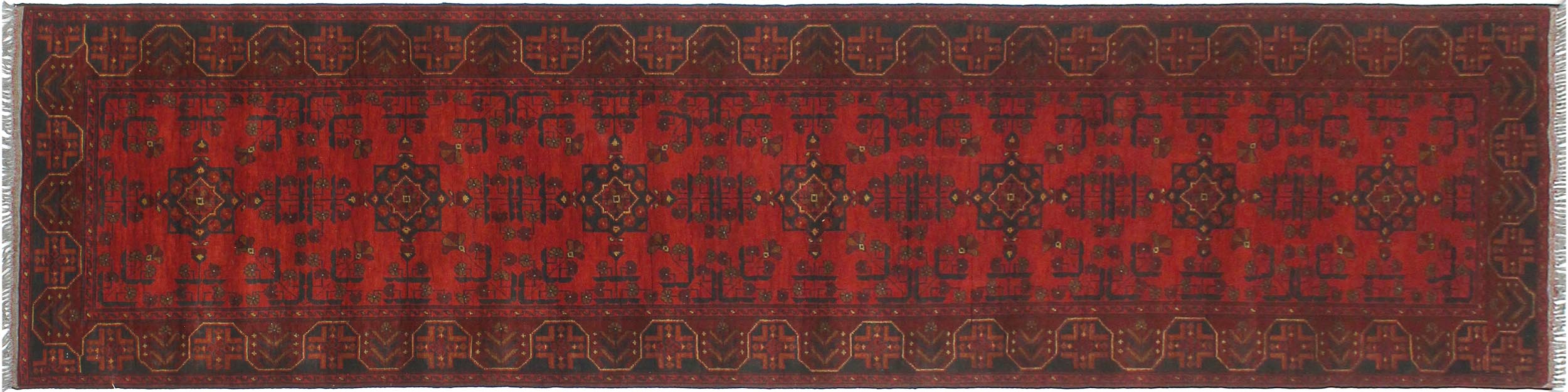 handmade Geometric Khal Muhamm Red Blue Hand Knotted RUNNER 100% WOOL area rug 3' x 13'