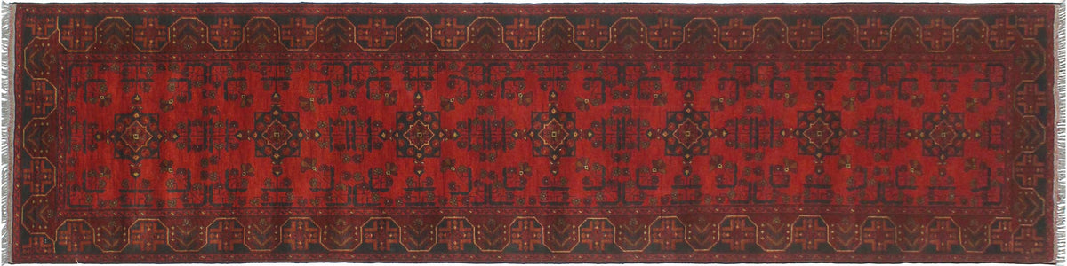 handmade Geometric Khal Muhamm Red Blue Hand Knotted RUNNER 100% WOOL area rug 3' x 13'