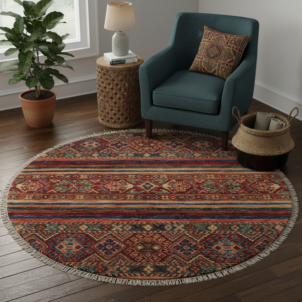 Cabin Khurgeen Pattie Red/Blue Wool Round - 3'2''X3'3''