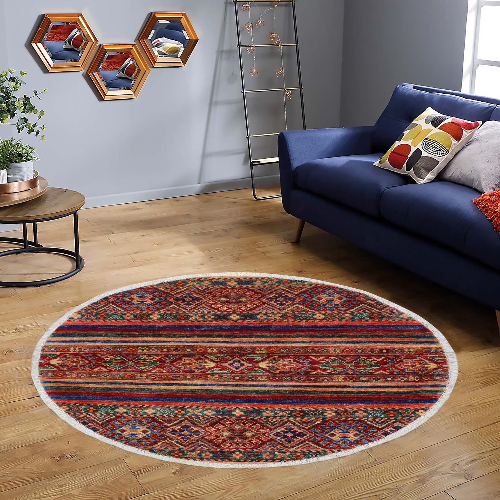 handmade Geometric Kurjean Red Blue Hand Knotted ROUND 100% WOOL area rug 3x3