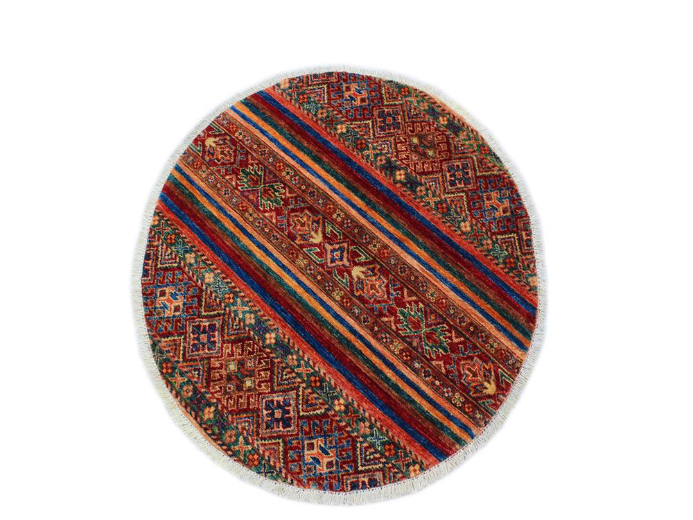 handmade Geometric Khurgeen Red Blue Hand Knotted ROUND 100% WOOL area rug 3x3