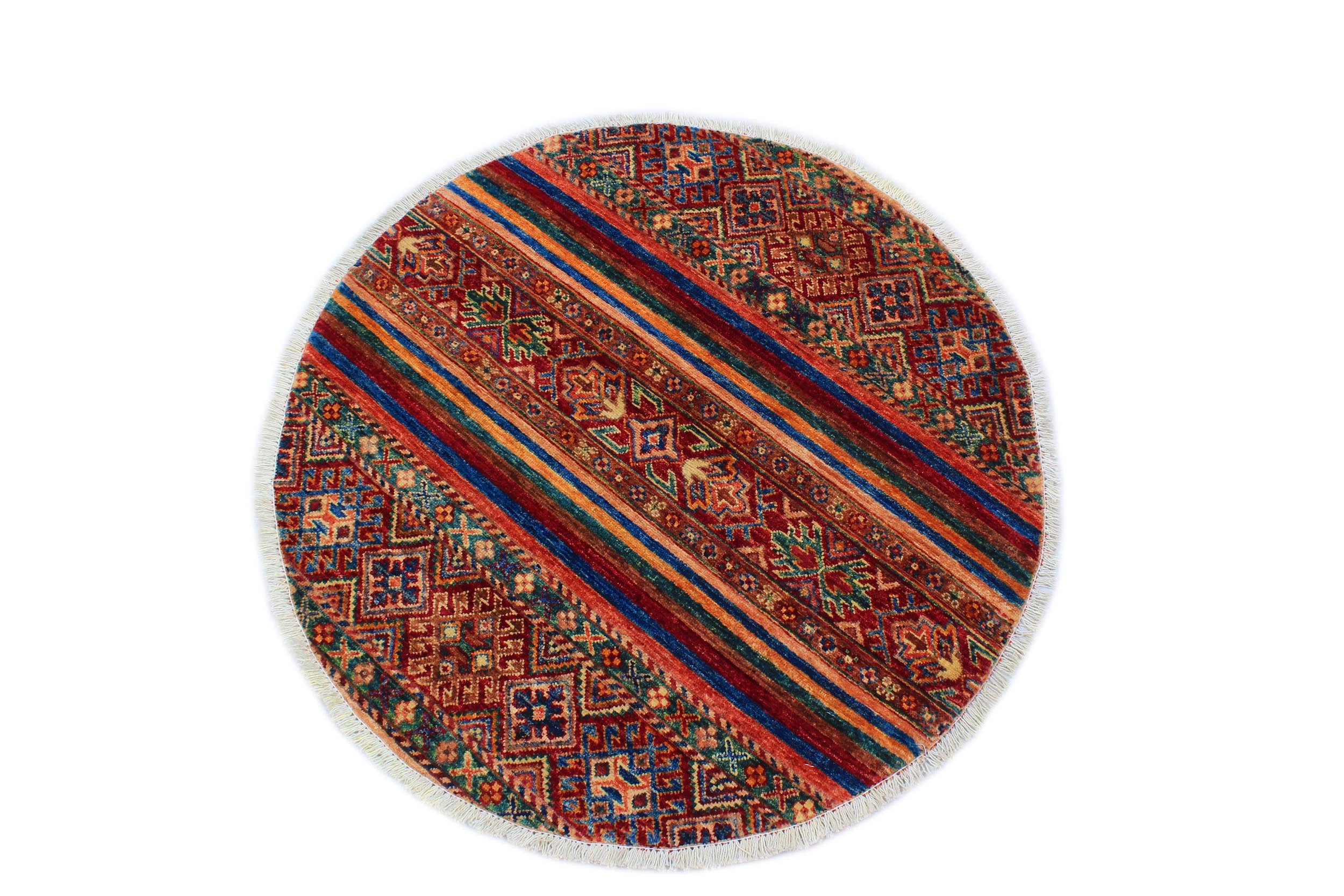 handmade Geometric Kurjean Red Blue Hand Knotted ROUND 100% WOOL area rug 3x3