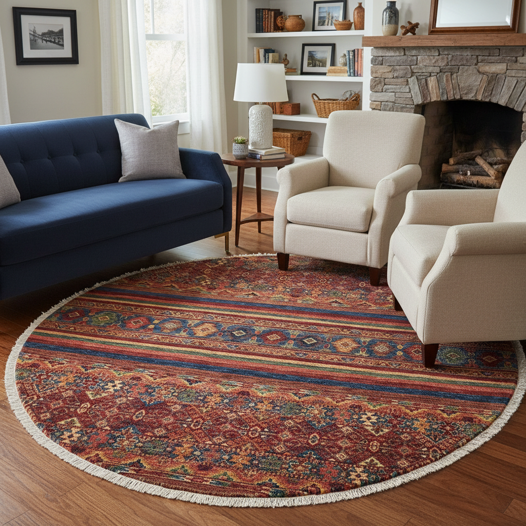 Rustic Khurgeen Dinah Red/Blue Wool Round - 4'10''X5'1''