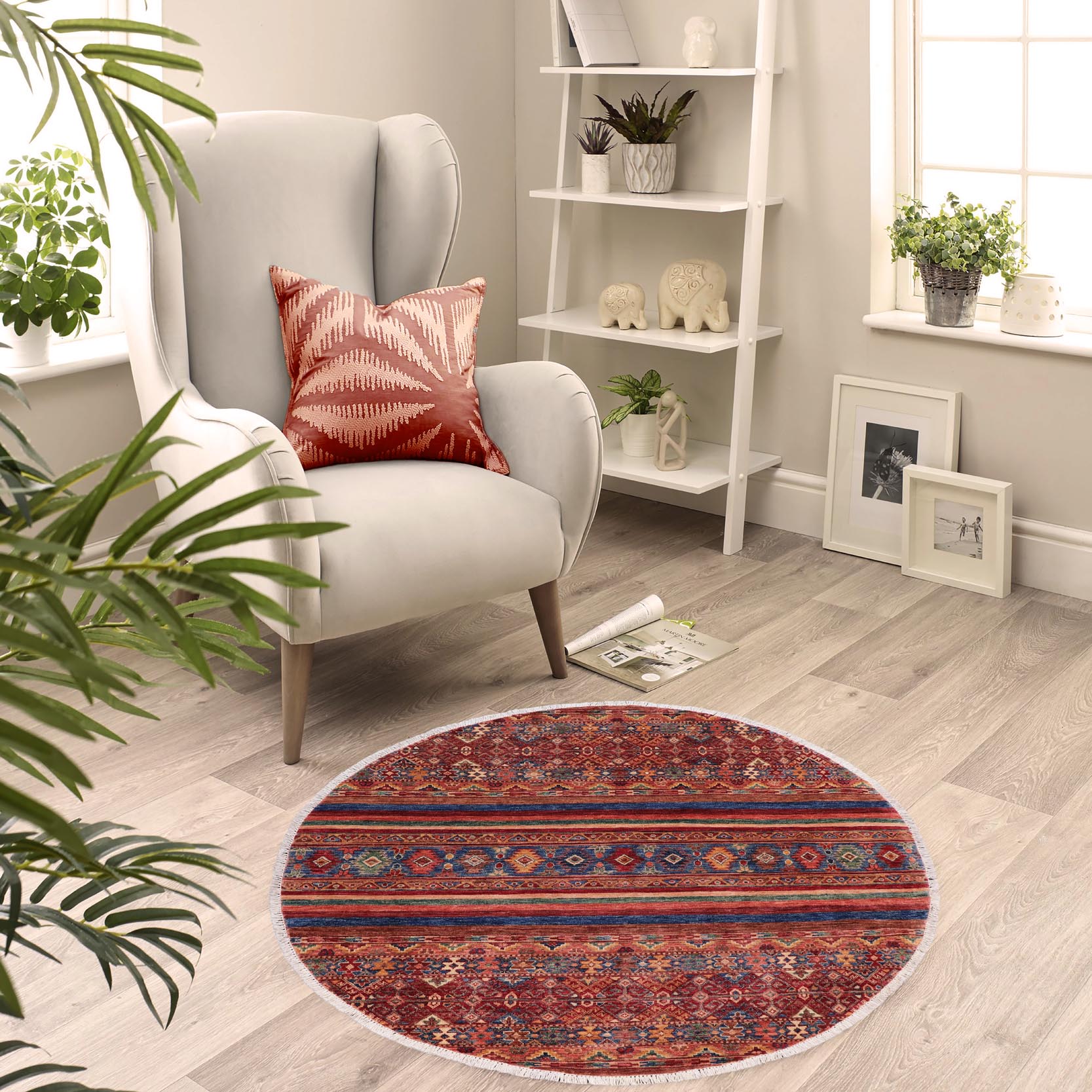 handmade Geometric Kurjean Red Blue Hand Knotted ROUND 100% WOOL area rug 5x5