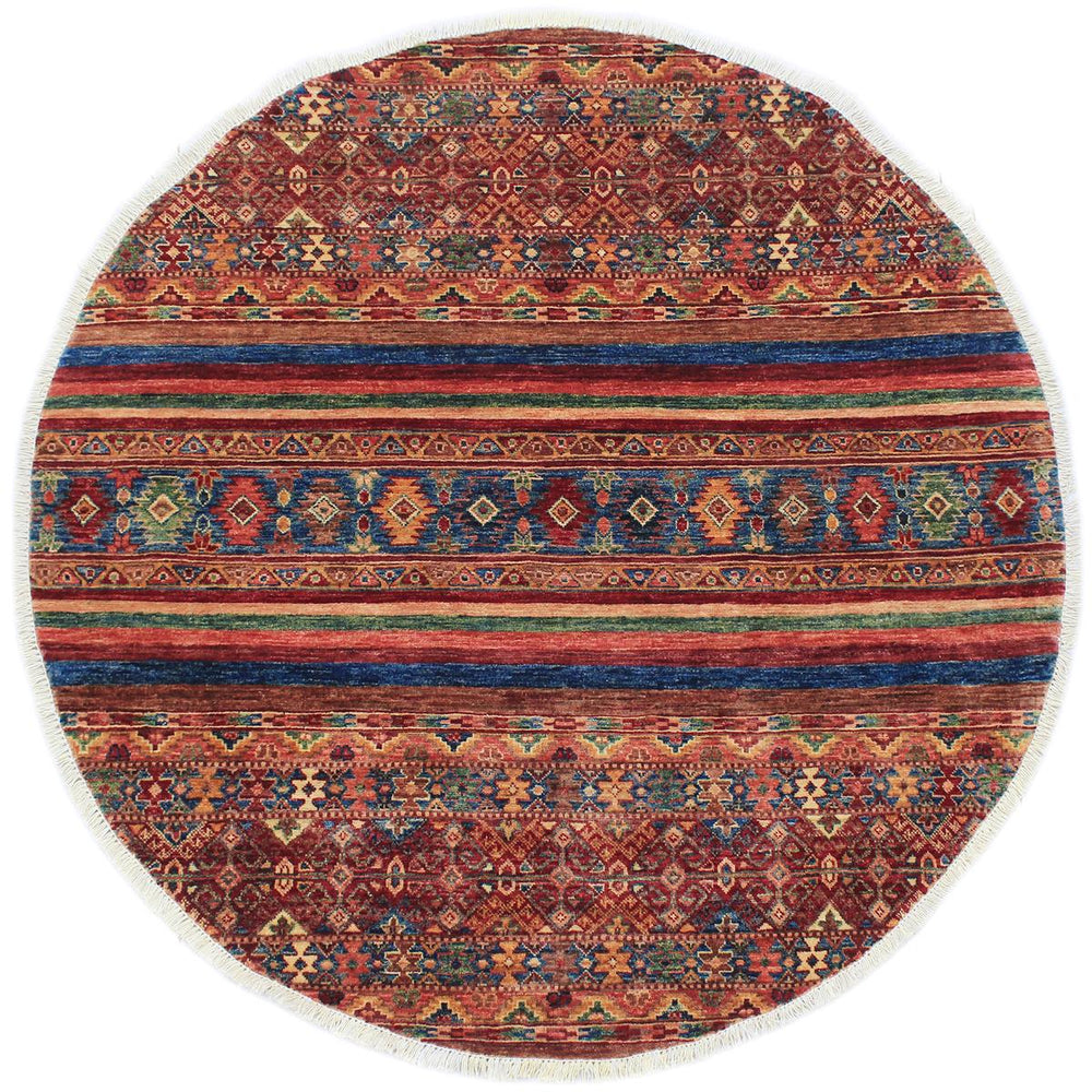 handmade Geometric Khurgeen Red Blue Hand Knotted ROUND 100% WOOL area rug 5x5