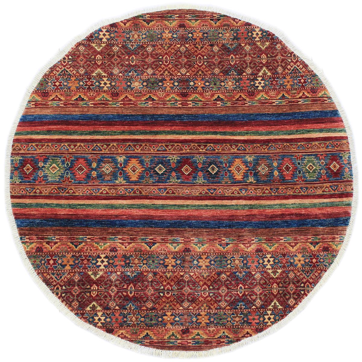 handmade Geometric Khurgeen Red Blue Hand Knotted ROUND 100% WOOL area rug 5x5