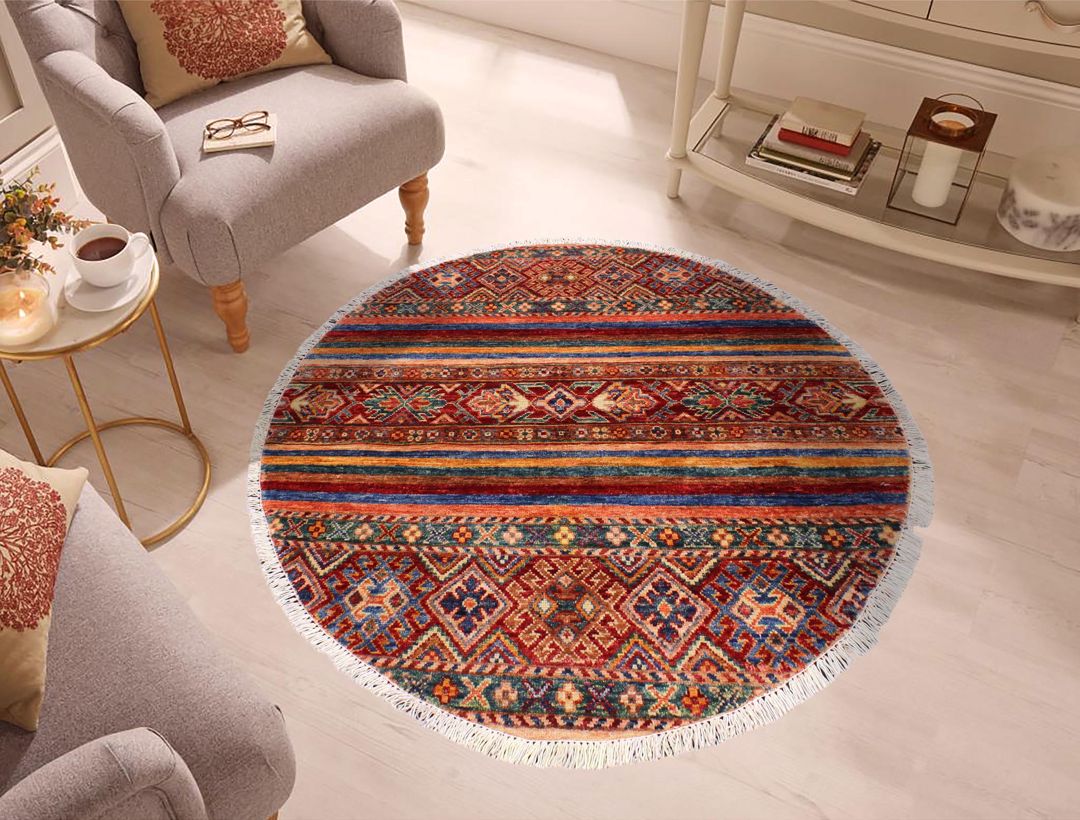 handmade Geometric Kurjean Red Blue Hand Knotted ROUND 100% WOOL area rug 3x3